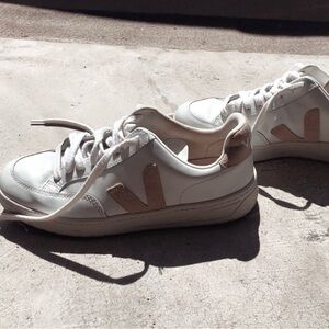 Veja Designer White and Beige Sneakers